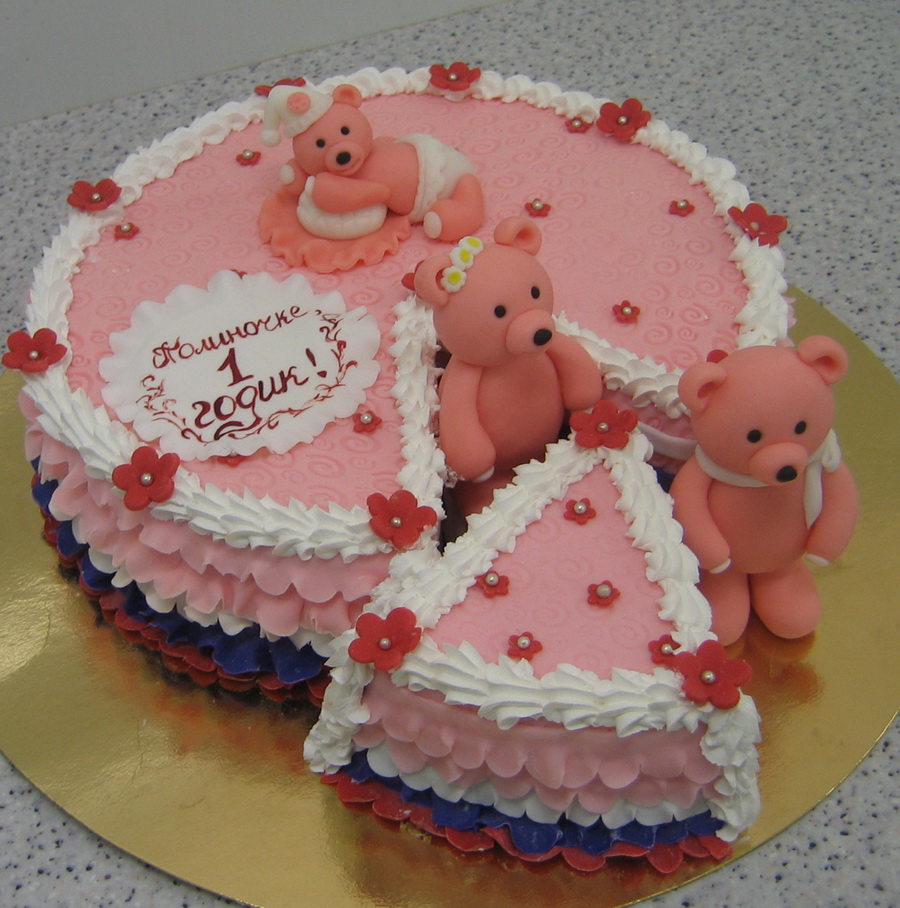 Торт  1 годие розовый с мишками из мастики